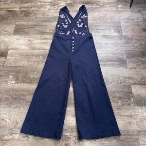 Stella Sky Navy Blue Floral Embroidered Wide Leg Jumpsuit Womens Large 61104